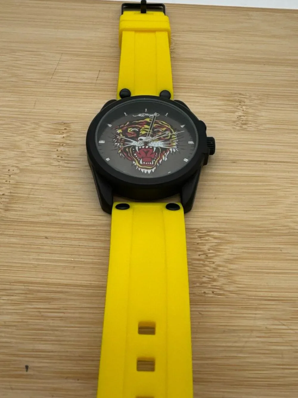 Ed Hardy Men's Tiger Dial Watch Yellow Silicone Strap Black Case Quartz